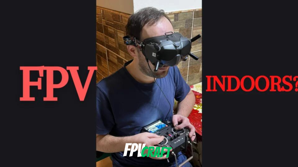 A drone enthusiast prepares for an indoor flight session with FPV (First-Person View) gear. The obscured face hints at the immersive experience, while the backdrop of a brick wall sets an urban stage. Text overlays question ‘INDOORS?’ and declare ‘FPVCRAFT’