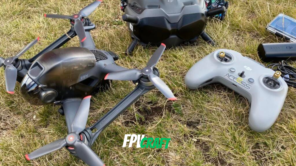 DJI FPV drone kit displayed on grass, including the sleek black drone with red-tipped rotors, FPV goggles, white controller, and a blue accessory box, ready for an immersive flying experience.
