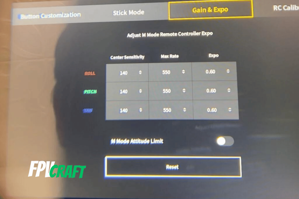 DJI FPV gain and expo, also enabling attitude limit
