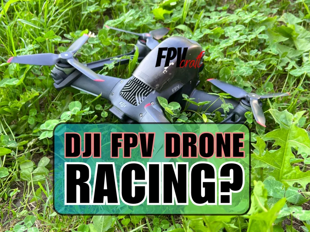 DJI FPV on grass with text overlaying the image "DJI FPV Drone Racing?"