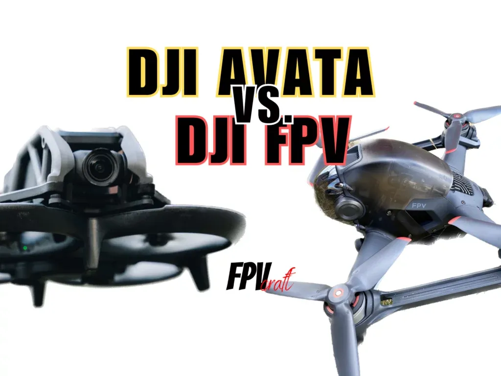 DJI Avata and DJI FPV on white background with overlay text "DJI Avata vs DJI FPV"
