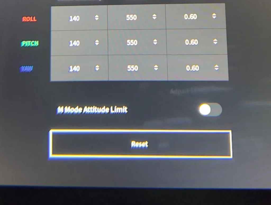 m mode attitude limit and gain and expo menu