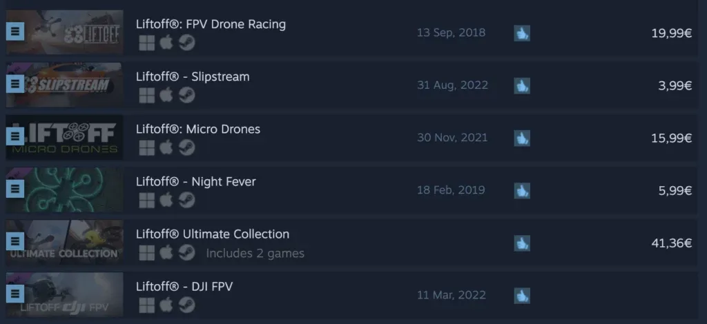 screenshot of Liftoff addons prices