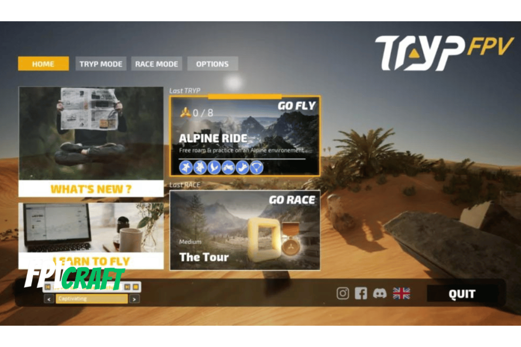 screenshot of tryp fpv, in the menu