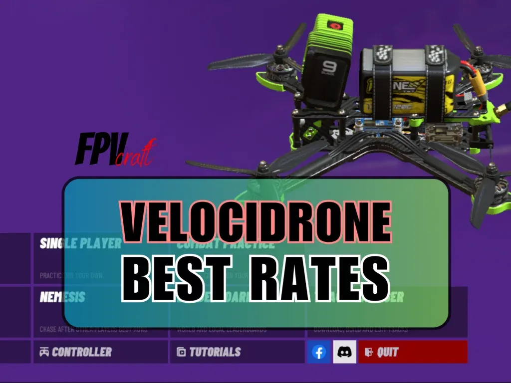 screenshot from Velocidrone with overlaying text "BEST VELOCIDRONE RATES"