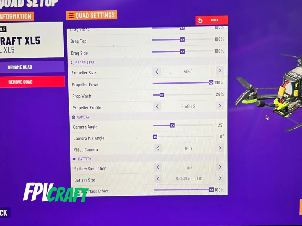 velocidrone quad settings