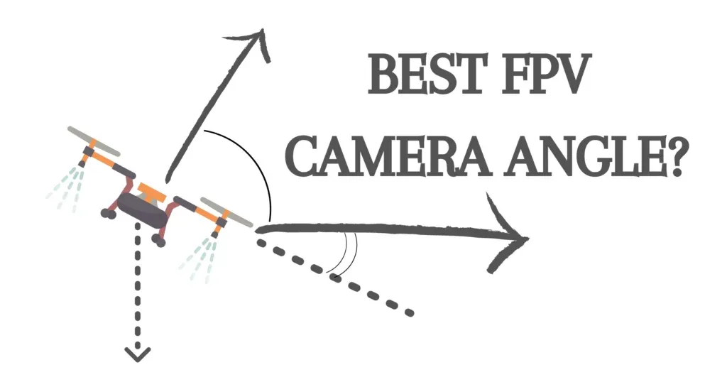 A diagram poses the question ‘BEST FPV CAMERA ANGLE?’ against a white background, featuring a stylized drone with motion lines on its propellers. Two arrows illustrate potential camera angles—one straightforward for level flight, and the other angled upward for an elevated view. The simple yet informative graphic, with its black and gray tones and a hint of orange, guides FPV enthusiasts in optimizing their drone’s camera setup for the best practice