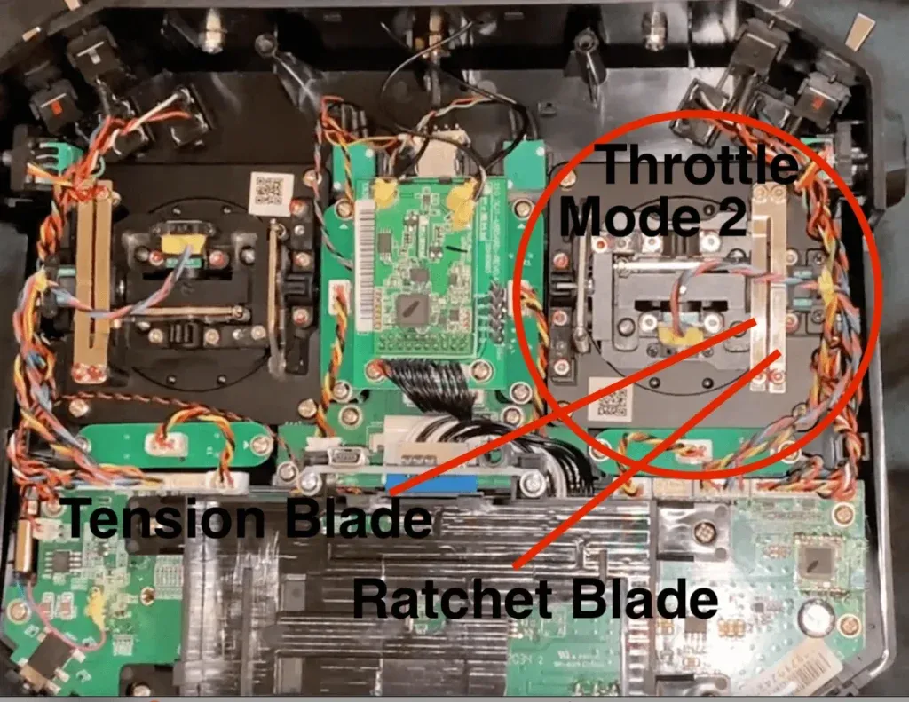 An intricate view of FrSky Horus X10S Express device’s internal mechanics, where ‘Throttle Mode 2’ is prominently circled in red, drawing attention to its significance. The ‘Tension Blade’ and ‘Ratchet Blade’ are labeled, suggesting a detailed examination or modification process.