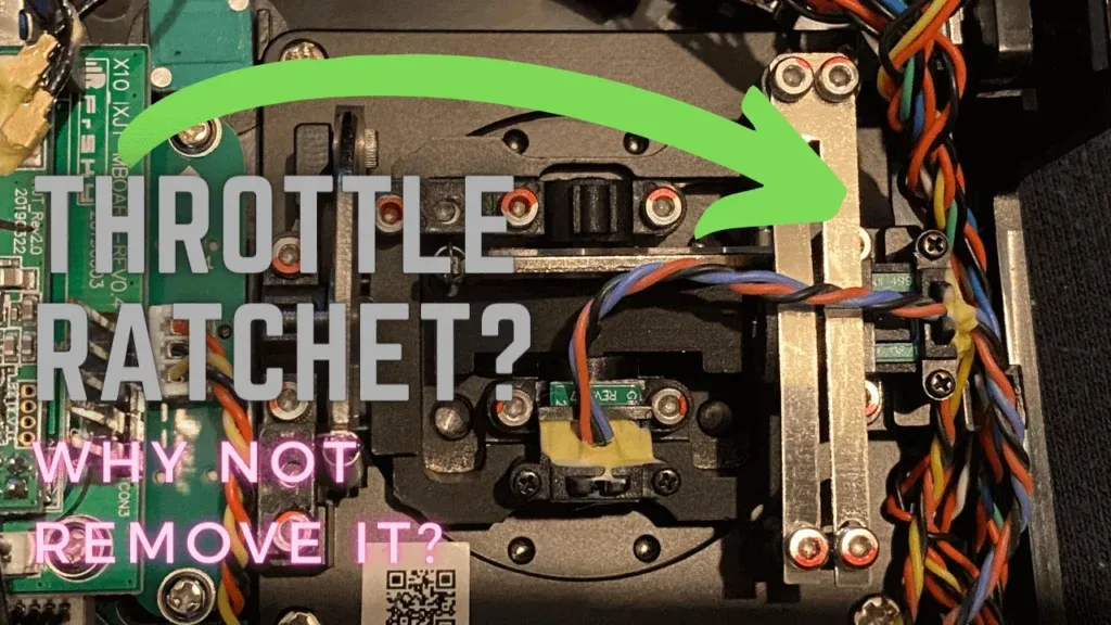 A close-up view of a throttle mechanism’s intricate internals, highlighting the precise engineering of circuit boards and wires. A green arrow points to a central component, accompanied by the question ‘THROTTLE RATCHET? WHY NOT REMOVE IT?’, suggesting a discussion on mechanical customization or efficiency improvements.